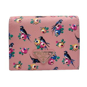 PRADA Compact Wallet Bifold Pink Flower Bird Swallow Saffiano Leather